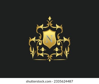 Plantilla de icono con logotipo de carta de lujo en vectores para restaurante, Royalty, Boutique, Hotel, Heraldic, Joyería, Moda y otras ilustraciones vectoriales. Decoración dorada y color platino Diseño de letras.