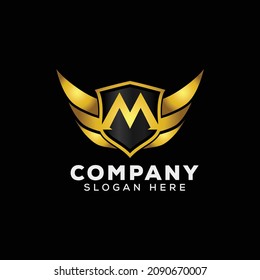 Luxury Letter M Gold Wing with Shield Logo template, Golden Wing Shield Luxury Initial Letter M logo
