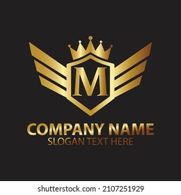 Luxury Letter M Gold Wing with Shield Crown Logo template, Golden Wing Shield Luxury Initial Letter M logo