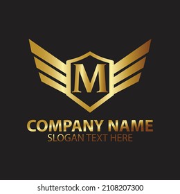 Luxury Letter M Gold Wing with Shield Logo template, Golden Wing Shield Luxury Initial Letter M logo