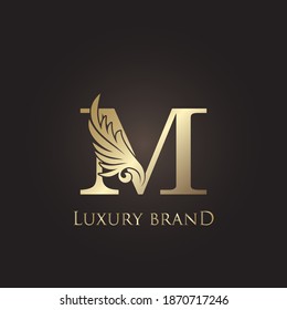 Luxury Letter M Logo Gold Monogram Feather Decorative Ornate Ornament  Vector Design Template