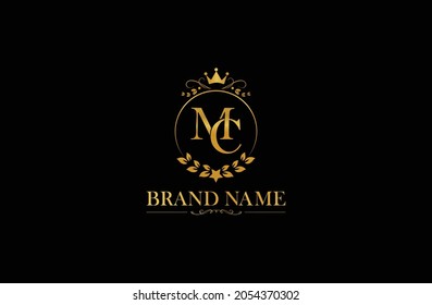 Luxury letter MC vector logo mark, elegant ornament monogram, Golden Initials M and C with crown