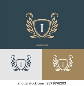 Plantilla de emblema monograma de la letra de lujo I con un elegante ornamento caligráfico. elegante logo de I. Señales de negocios, restaurante, realeza, boutique, hotel, heráldico, joyería, moda, café, etc. vectorial