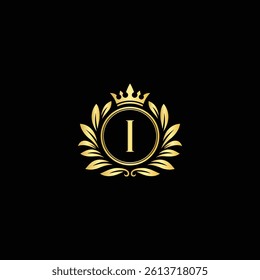 Luxury Letter I Monogram Logo with Crown and Laurel Wreath on Black Background in vector