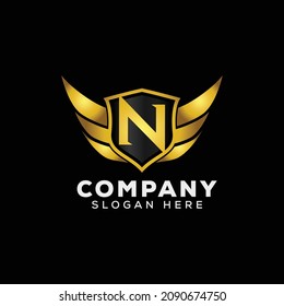 Luxury Letter N Gold Wing with Shield Logo template, Golden Wing Shield Luxury Initial Letter N logo