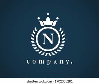 Luxury Letter N Initial Crest, Wreath, and Crown Monogram Design. Elegant Heraldic letter emblem for logo, card, badge, antique, restaurant, cafe, boutique, hotel, jewelry, product, or company. Eps 10