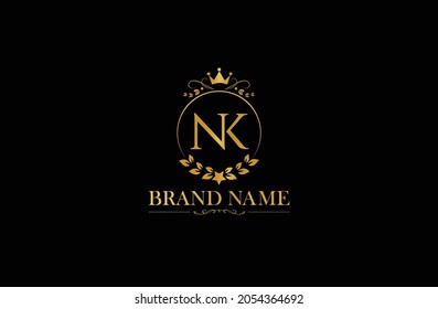 Luxury letter NK vector logo mark, elegant ornament monogram, Golden Initials N and K with crown