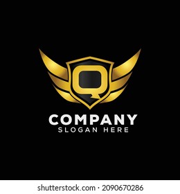 Luxury Letter Q Gold Wing with Shield Logo template, Golden Wing Shield Luxury Initial Letter Q logo