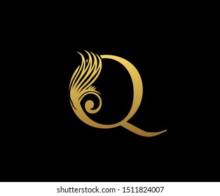 Luxury Letter Q Logo Icon . Initial Letter Q Design Vector Luxury Gold Color.Print monogram initials stamp line art sign symbol.