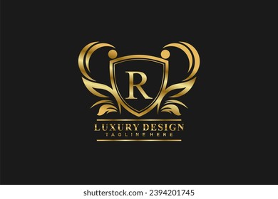 Luxury letter R gold emblem Logo template with leaf flower ornament. vintage emblem monogram. R flourish logo. Suitable for business signs, corporate identity, royalty, boutiques, hotels, etc