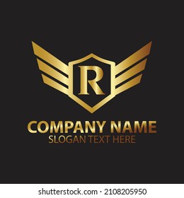 Luxury Letter R Gold Wing with Shield Logo template, Golden Wing Shield Luxury Initial Letter R logo