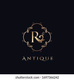 Luxury Letter R Logo. Atique Golden Frame vector design concept ornate swirl for hotel, boutique, resort, fashion and more brand identity.