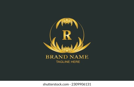 Logotipo de la carta de lujo R. Diseño sofisticado para monograma, símbolo de la realeza, marca de letras, boutique, café, hotel, heráldica, joyería, boda.