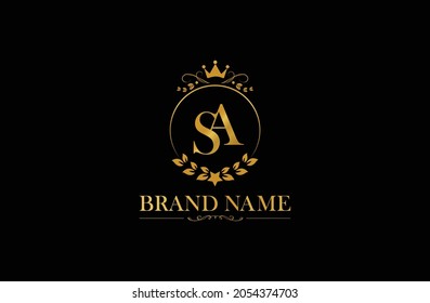 Luxus-Brief-SA Vektor-Logo-Marke, elegante Ornament-Monogramm, Golden Initials S und A mit Krone