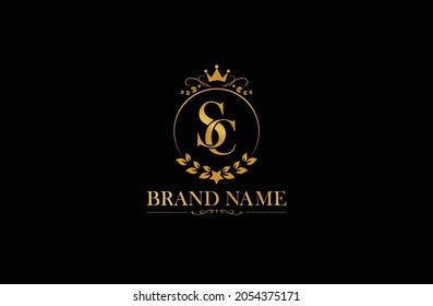 Luxury letter SC vector logo mark, elegant ornament monogram, Golden Initials S and C with crown