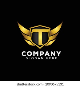 Luxury Letter T Gold Wing with Shield Logo template, Golden Wing Shield Luxury Initial Letter T logo