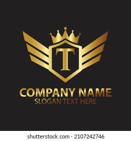 Luxury Letter T Gold Wing with Shield Crown Logo template, Golden Wing Shield Luxury Initial Letter T logo