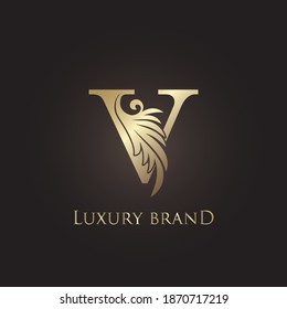 Luxury Letter V Logo Gold Monogram Feather Decorative Ornate Ornament  Vector Design Template