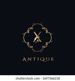 Luxury Letter X Logo. Atique Golden Frame vector design concept ornate swirl for hotel, boutique, resort, fashion and more brand identity.