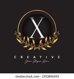 Luxury Letter X Logo Design With Gold Leafs Vector Illustration.