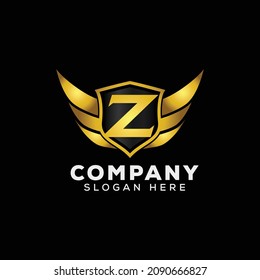 Luxury Letter Z Gold Wing with Shield Logo template, Golden Wing Shield Luxury Initial Letter Z logo