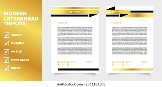 luxury letterhead template gold color design vector for business company stationery with A4 layout editable format
