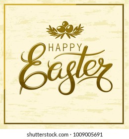 Luxury lettering Happy Easter Hand drawn calligraphy on a gold background. Design for holiday greeting card and invitation of the happy Easter day
