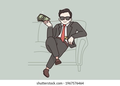 Luxury life and rich child concept. Happy arrogant rich kid boy millionaire cartoon character in suit sitting with bundle of money dollars cash in big luxury vector illustration 
