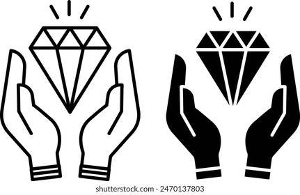 Iconos de estilo de vida. Iconos vectoriales en blanco y negro. Diamante brillante en las manos. Concepto de riqueza, éxito y Popularidad