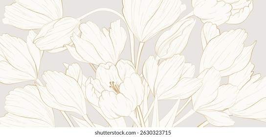 Luxury light art background with a bouquet of flowers in a golden line art style. Botanical flower banner for decor, print, poster, wallpaper, textile, packaging, print, interior design.