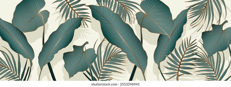 Luxury light art background with dark green tropical leaves in golden line art style. Botanical banner for decoration, print, textile, interior design, poster, packaging, wallpaper.