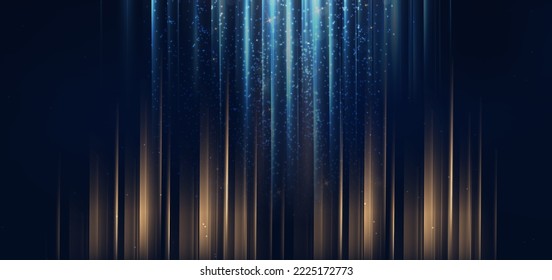 Luxury light blue and gold stripe vertical lines light on dark blue background with gold lighting effect sparkle. Vector illustration