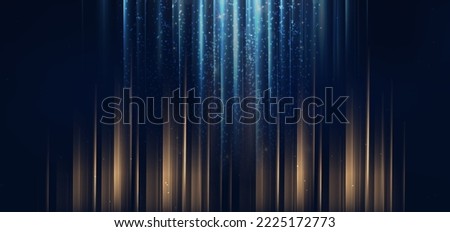 Luxury light blue and gold stripe vertical lines light on dark blue background with gold lighting effect sparkle. Vector illustration