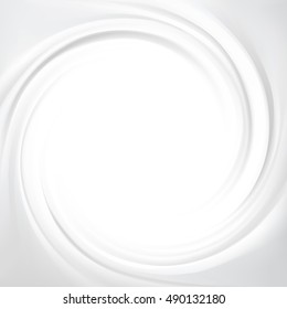 Luxury light silver color fond of soft shiny eddy motion rippled curvy sour kefir. Dairy ring volute spraying pattern surface. Closeup view with space for text in glowing center