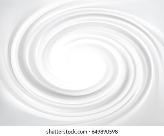 Luxury light silver color fond of soft shiny eddy motion rippled curvy sour kefir. Dairy ring volute spraying pattern surface. Closeup view with space for text in glowing center