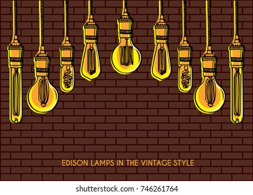 Luxury lighting decoration over the brick wall background. Vintage light bulbs hanging from the ceiling. Hand drawn vector set of different geometric loft lamps
