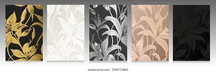 Luxury lilies cover set. Flower bouquet silhouette, on a gradient background, shiny and bright effect. Elegant floral collection.	