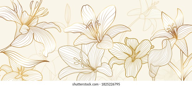 luxury Lily line arts golden wallpaper design. Exotic botanical wallpaper, vintage boho style for textiles, fabric, paper, banner website, cover design Vector illustration.