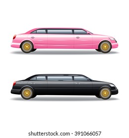 Luxury limousine car for celebrities or government politicians two isolated banners icons in pink and black vector illustration 