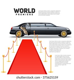 Luxury limousine car and red carpet for world premiere celebrities and guests poster with quotes text vector illustration