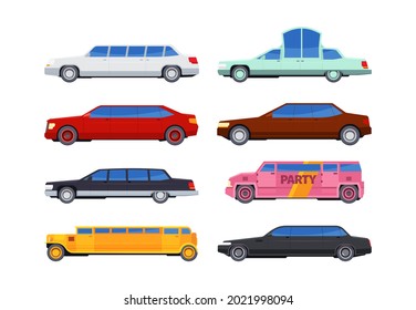 Luxury limousines. Premium car service long vehicles in flat style garish vector pictures set