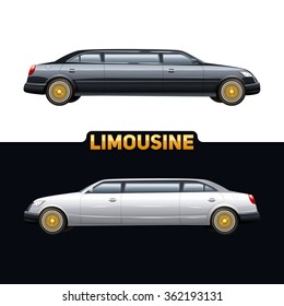 Luxury limousines rental business two flat banners  advertisement with white and black automobile pictures abstract vector illustration 