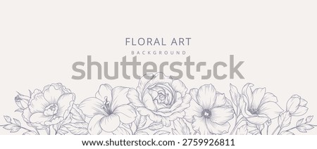 Luxury line art background with hand drawn flowers. Vector vintage design with a bouquet of flowers, branches, leaves for card, business card, branding, wedding invitation, cover, wallpaper, save the date