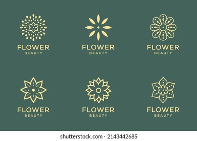 Luxury line art beauty flower, rose, and leaves logo collection