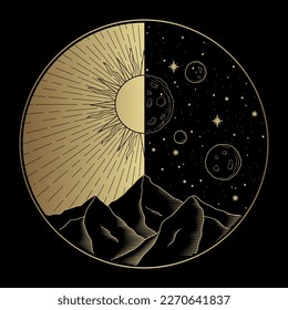 Luxury Line Art Design of Sun and Moon Above a Mountain, Symbolizing the Two Worlds of Day and Night