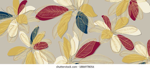 Luxury line art nature background vector design. Gold, blue and purple color pattern design for wallpaper, fabric and packaging.