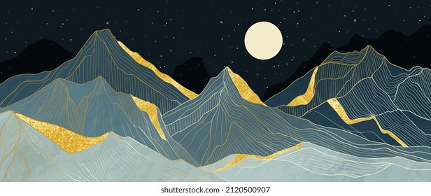 Luxury line art on dark background. Landscape mountain wallpaper with golden line and blue hill, sparkling stars and circle moon at night. For banner, cover, decoration and prints.