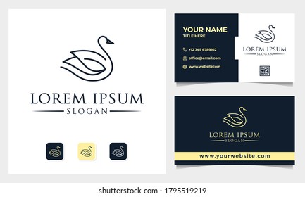 Luxury Line Art Swan and Lotus Logo Design with Business Card template