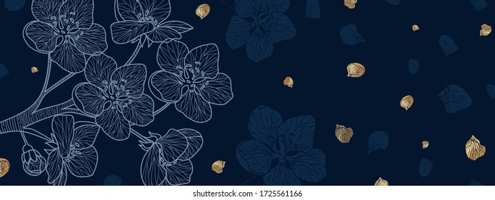 Luxury line arts with Cherry blossoms hand draw design vector. Natural and flower wallpaper design for packaging and print, Vector illustration.