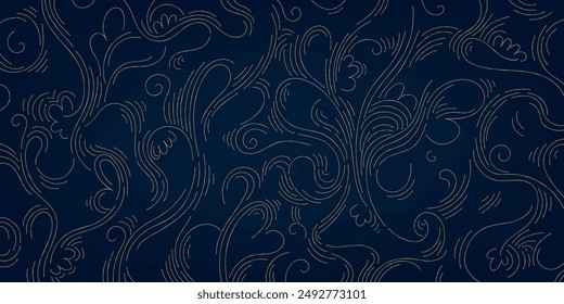 Luxury line background, gold wavy art texture. Organic wood, hair illustration, curve elegant graphic. Flow template, swirl graphic. 